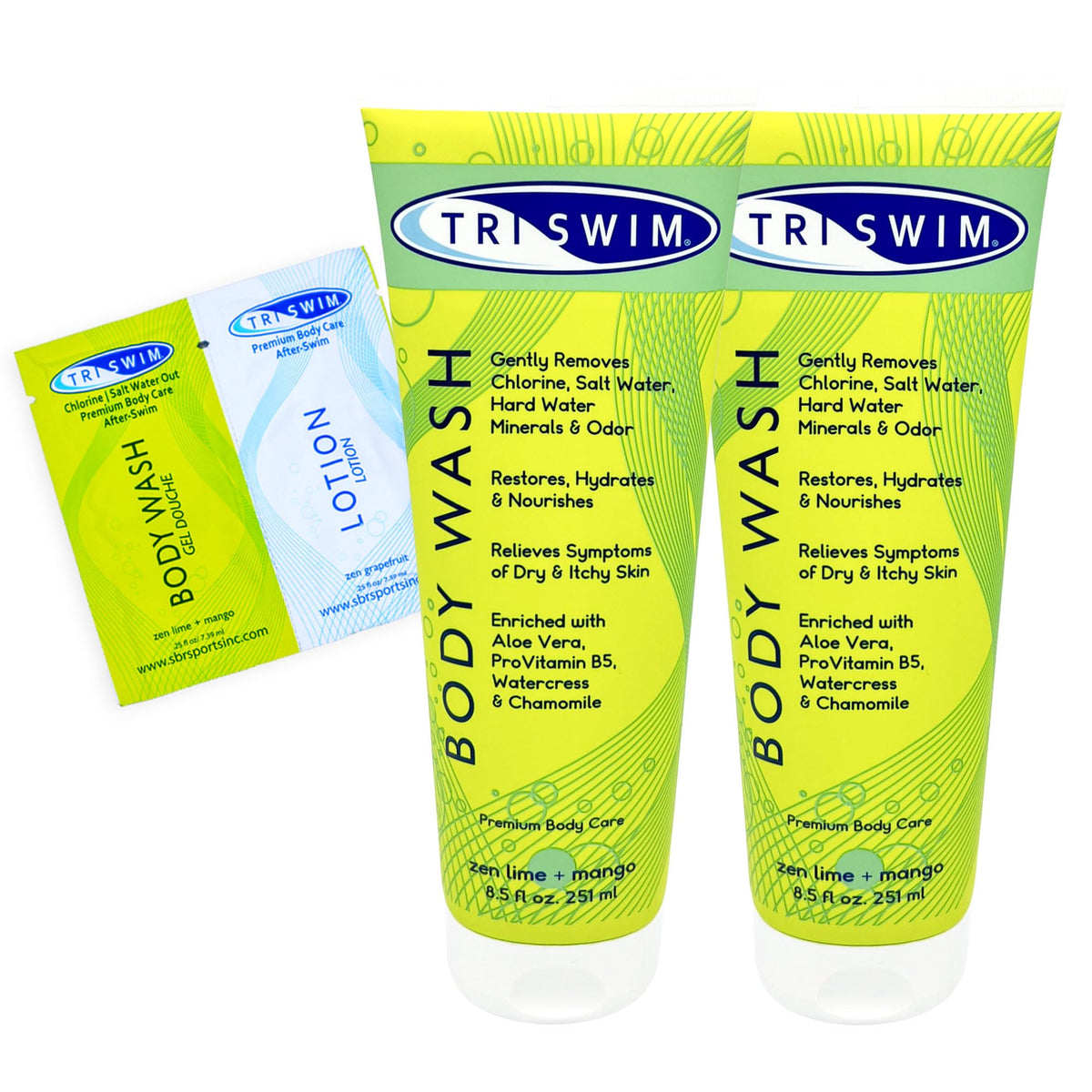 TRISWIM front packaging showing two-tube pack and quick chlorine relief
