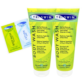 TRISWIM front packaging showing two-tube pack and quick chlorine relief