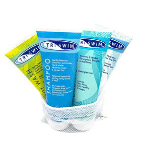 TRISWIM front packaging showing four 8.5 fl oz bottles and clear benefits