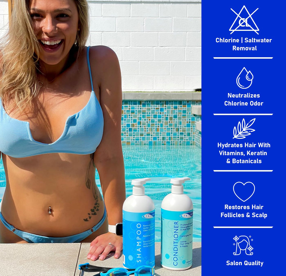 TRISWIM before and after swimmer hair, brand restores moisture and color vibrancy