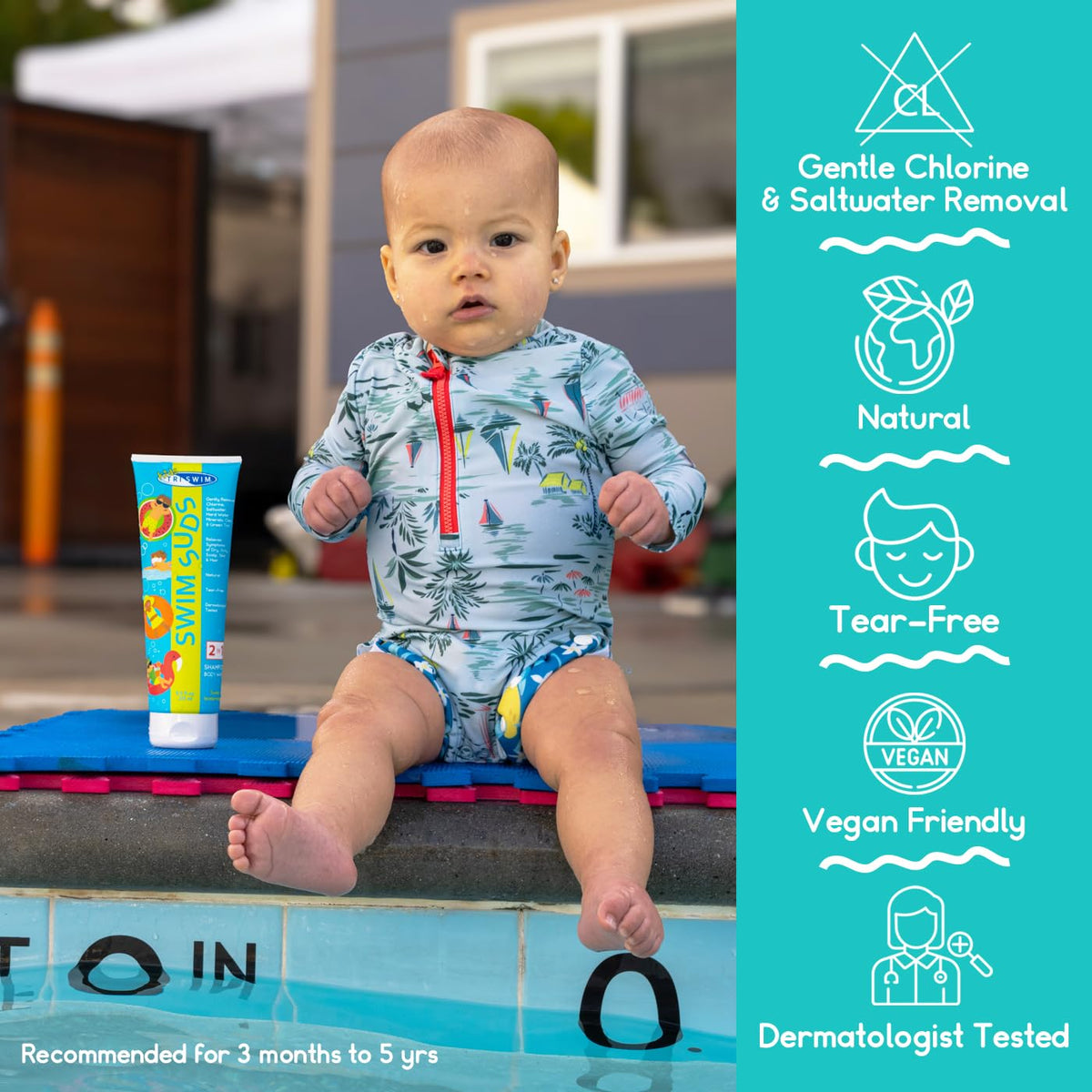 TRISWIM used in a bath post-swim showing quick rinse and refreshed child