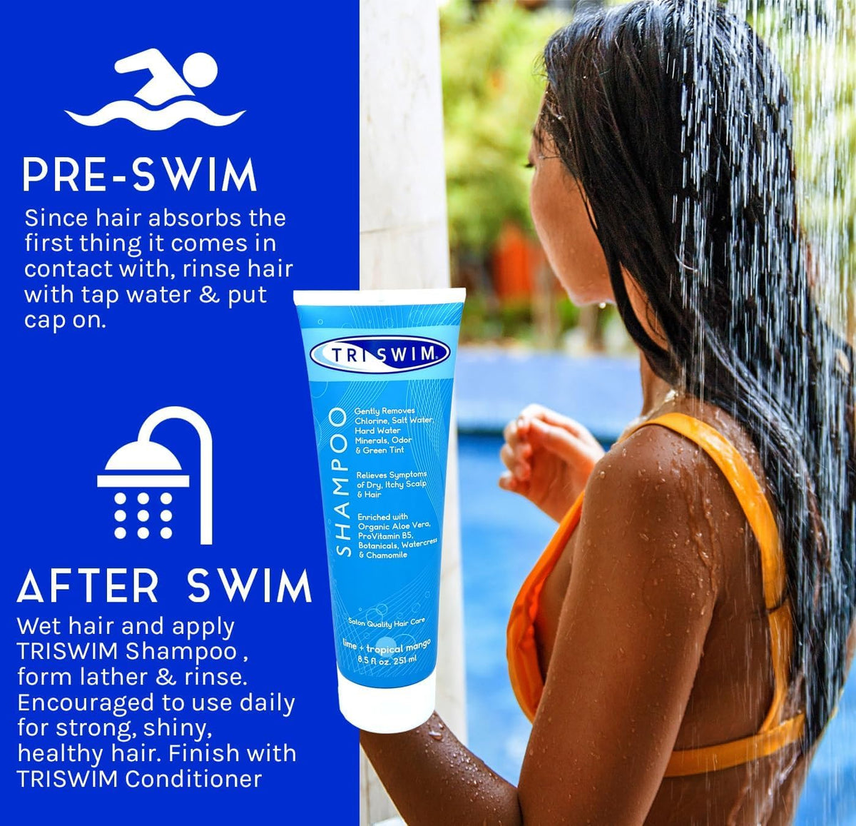 TRISWIM bottle in a shower setting showing post-swim convenience and relief