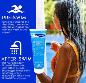 TRISWIM bottle in a shower setting showing post-swim convenience and relief