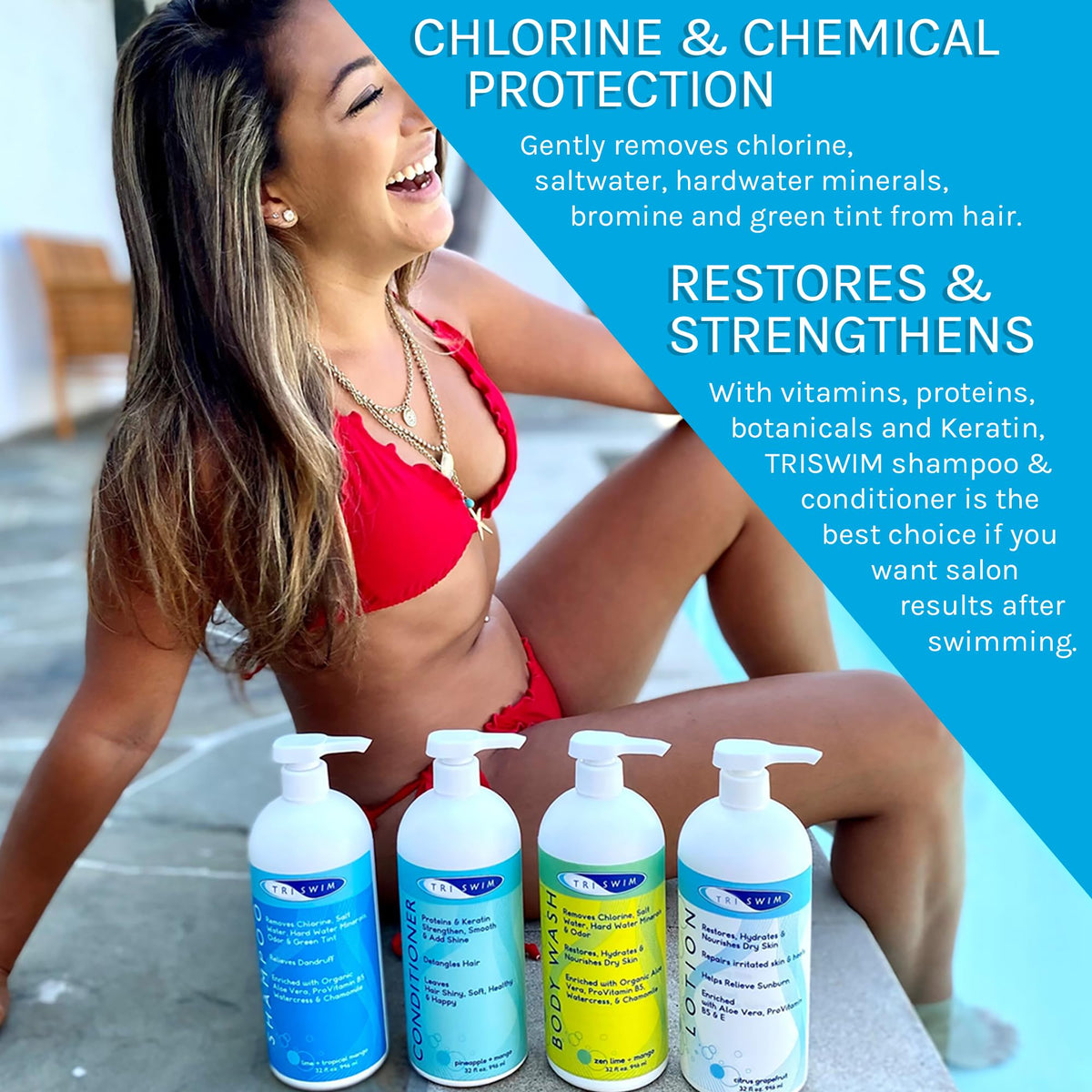 TRISWIM in-shower usage on swimmer rinsing hair for chemical removal