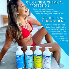 TRISWIM in-shower usage on swimmer rinsing hair for chemical removal