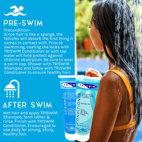 TRISWIM in use poolside with swimmer rinsing hair to remove chlorine and odor