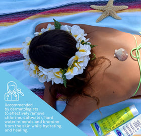 TRISWIM in-use shower scene applying body wash to rinse away pool residues