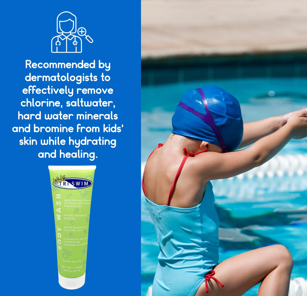 TRISWIM kid applying in shower demonstrating gentle chlorine removal
