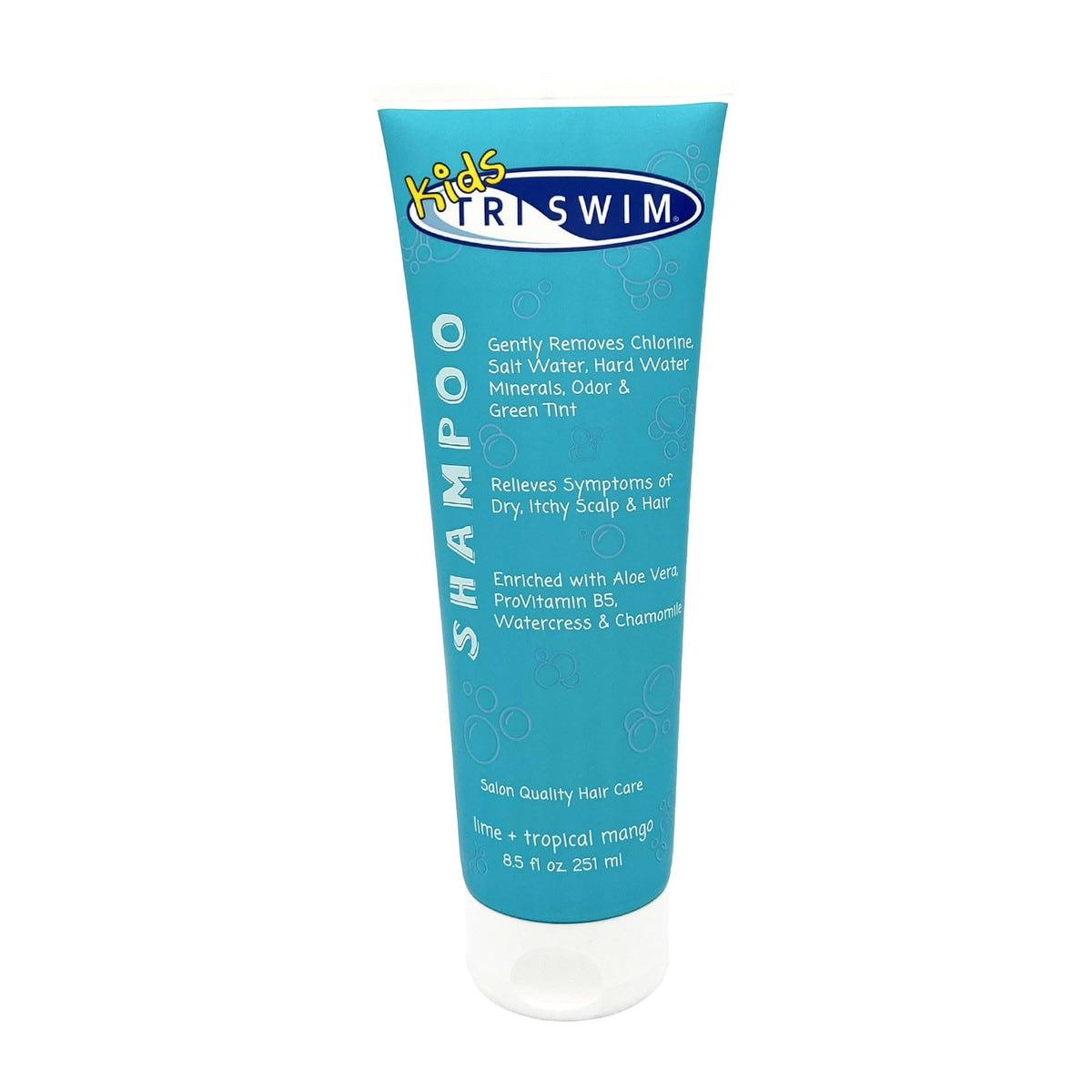 TRISWIM kids shampoo front bottle showing labels and benefit for clean, hydrated hair