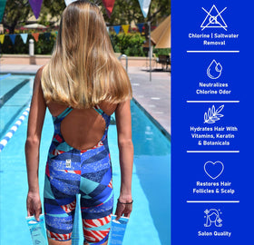 TRISWIM label closeup highlighting ingredients and swimmer-friendly benefits