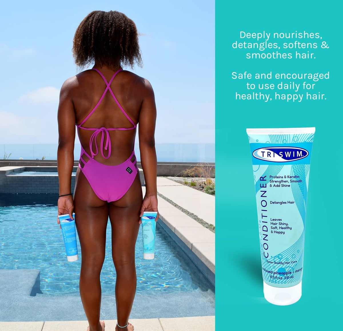 TRISWIM bottle staged poolside conveying post-swim care and fresh scent