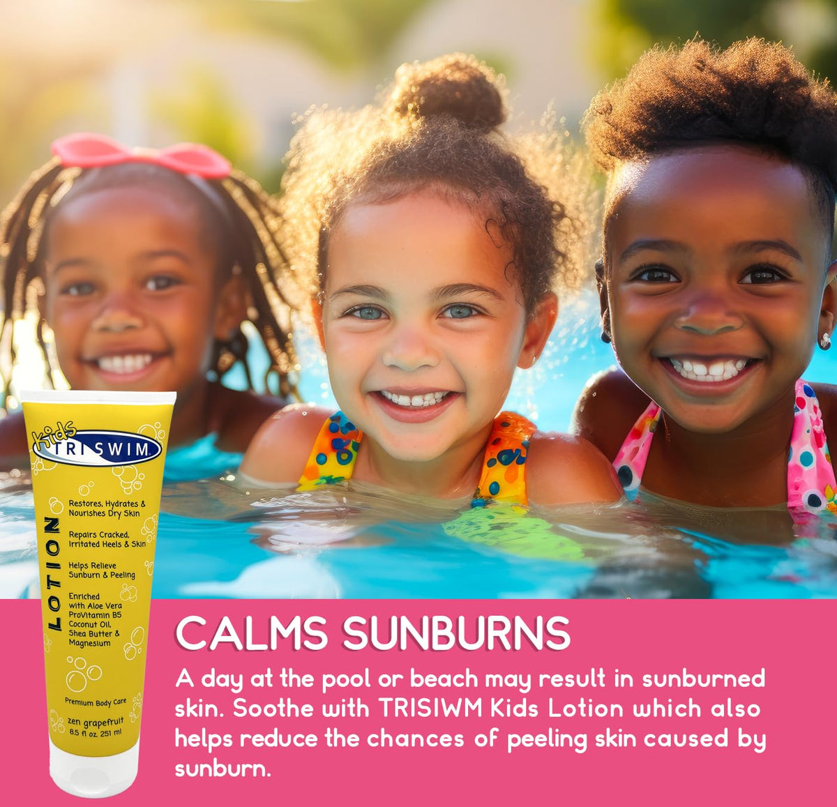 TRISWIM lotion on child skin closeup demonstrating soothing hydration benefit