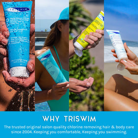 TRISWIM pack poolside lifestyle with swimmer using products for recovery