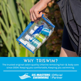 Swimmer using TRISWIM on pool deck illustrating quick post-swim refresh and odor neutralizing