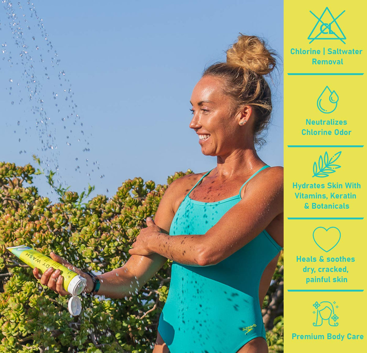 TRISWIM pump and label close-up highlighting ingredients and benefits for swimmers