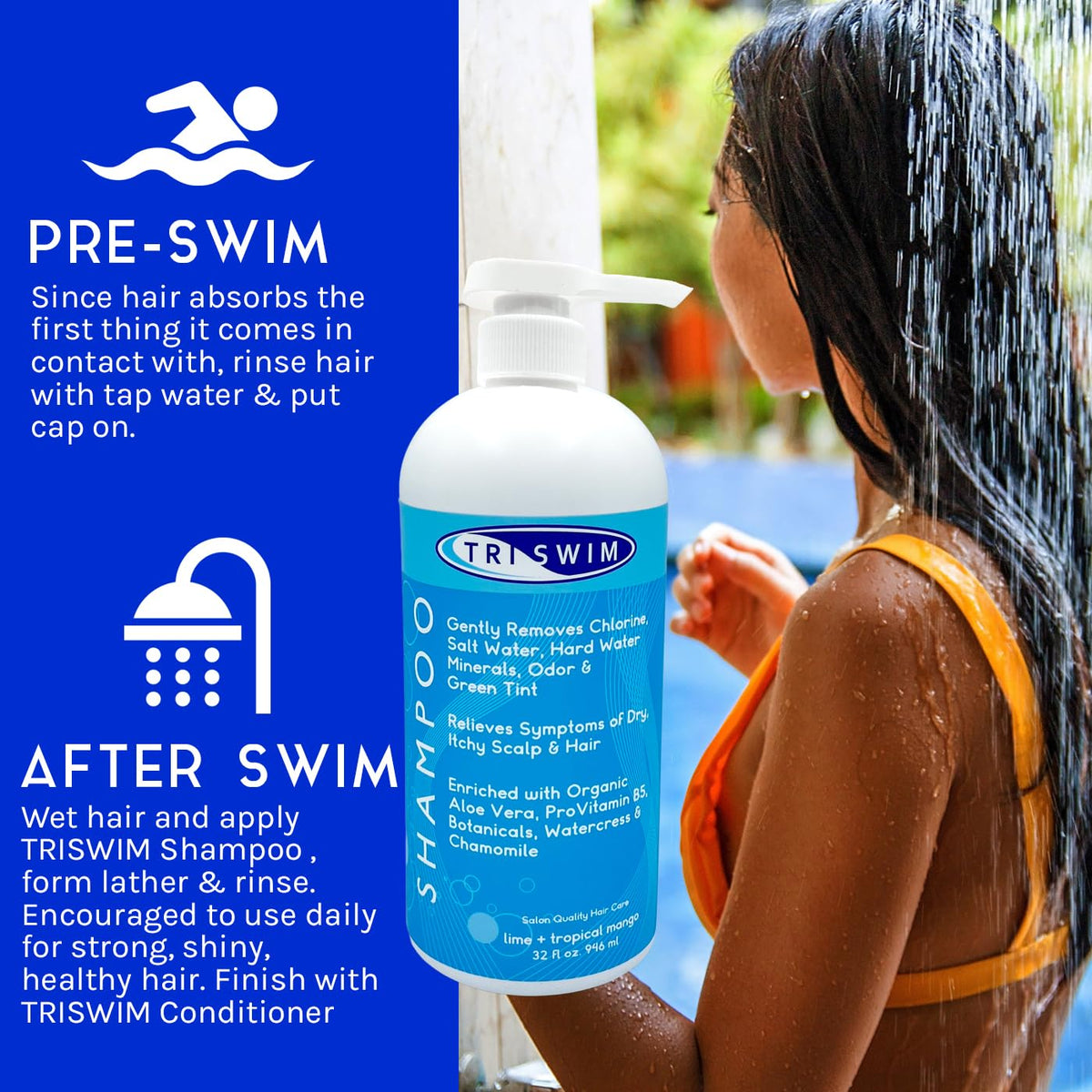 TRISWIM pump dispensing shampoo foam, brand demo for easy post-swim use