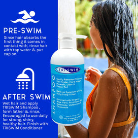 TRISWIM pump dispensing shampoo foam, brand demo for easy post-swim use