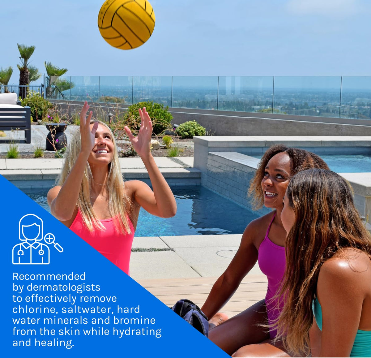 TRISWIM pump dispenser in bathroom, easy one-handed application benefit