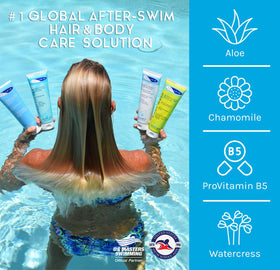 TRISWIM shampoo pump closeup demonstrating easy dispensing and gentle cleanse