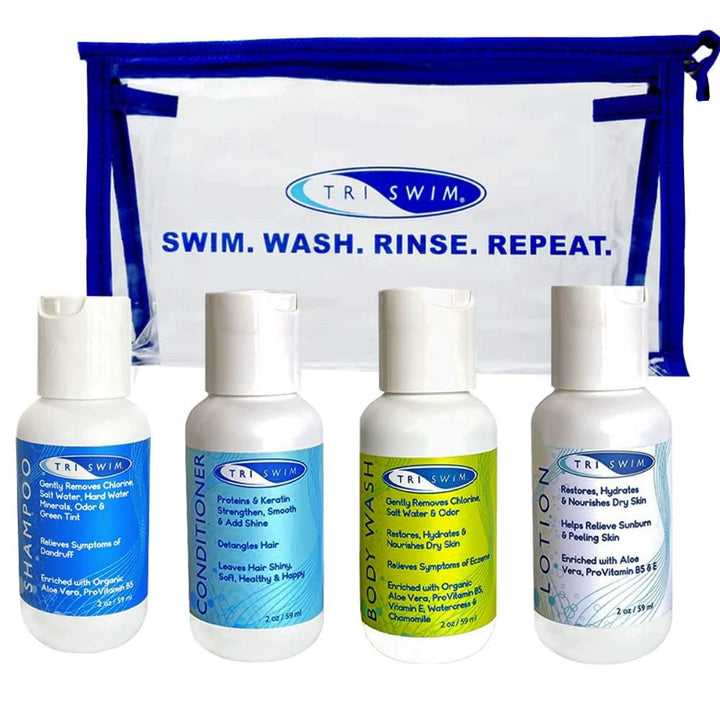 TRISWIM front packaging showing four 2oz bottles and bag, travel-ready benefit