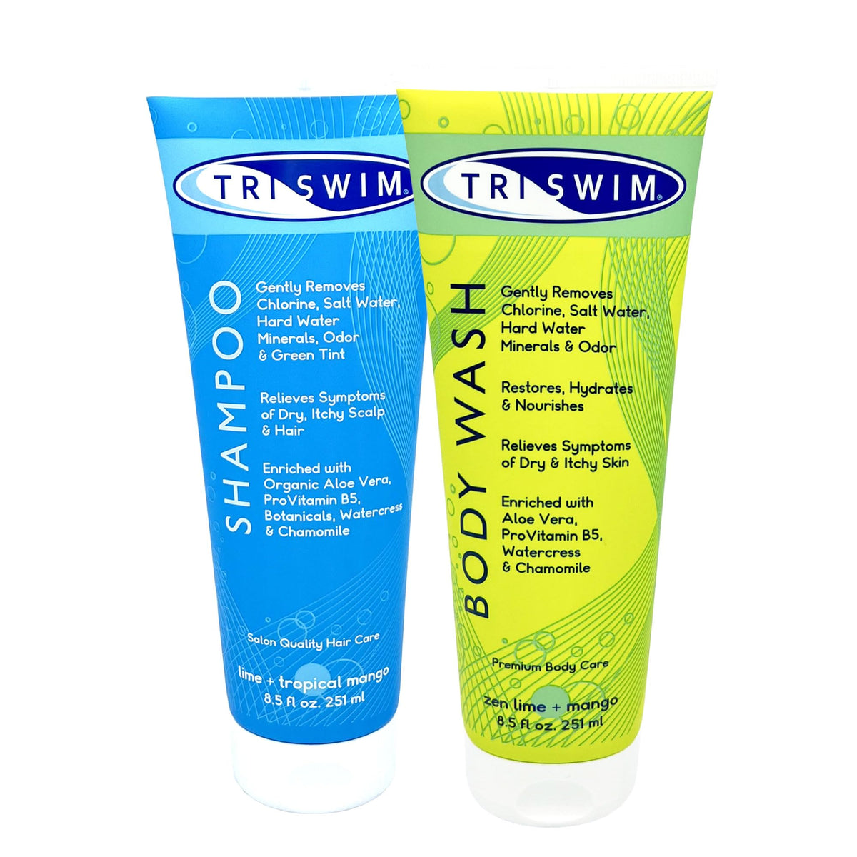 TRISWIM front packaging showing shampoo and body wash, removes chlorine and soothes skin