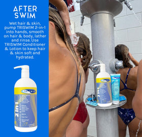 TRISWIM lather close-up demonstrating gentle texture and quick chlorine removal