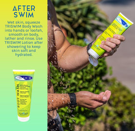 TRISWIM textured foam on skin demonstrating gentle removal of chlorine and minerals