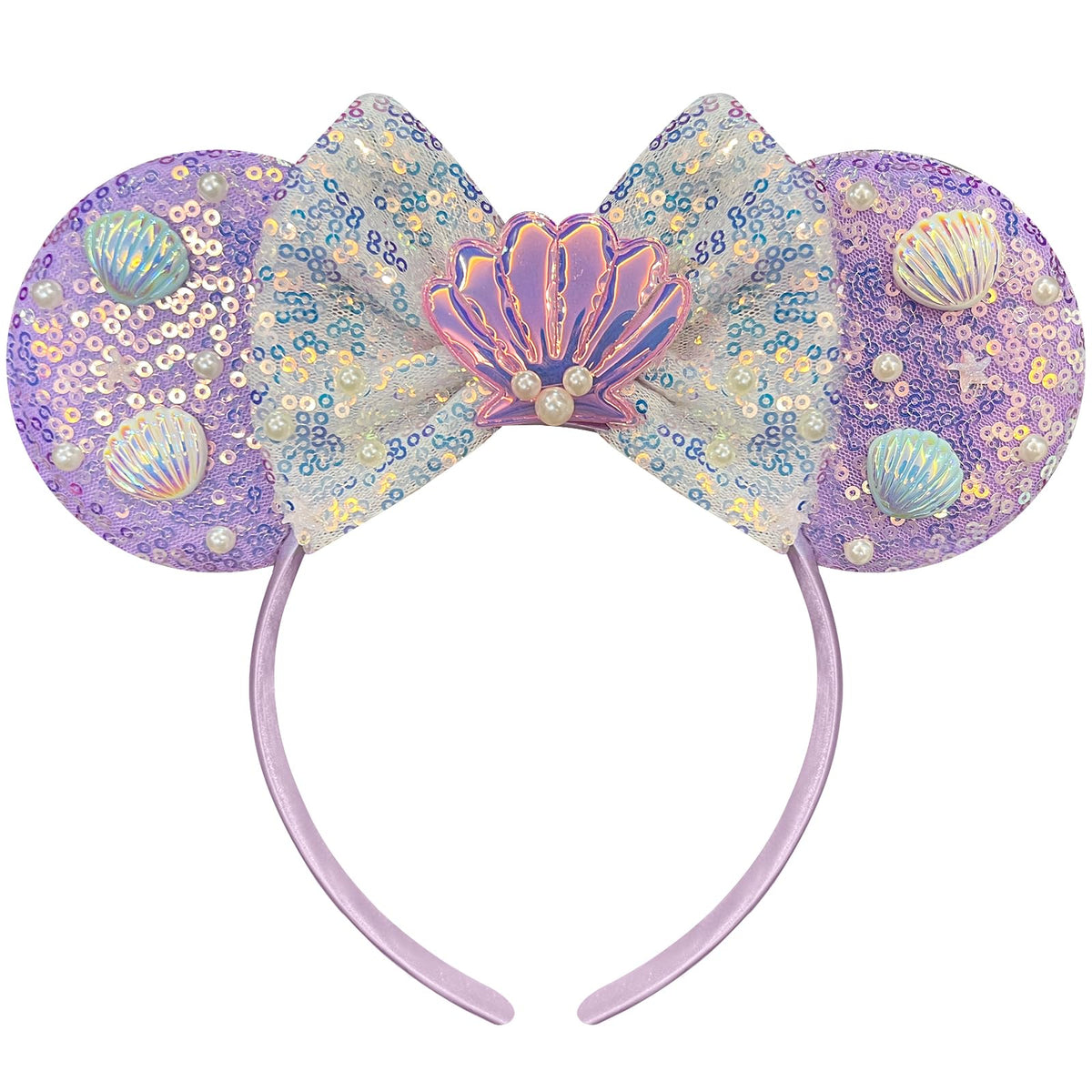 Trnerm mermaid headband front view showing sequins and silver bows for photo-ready sparkle