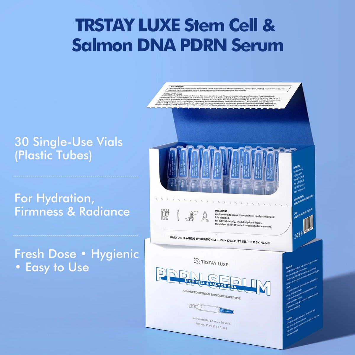 TRSTAY LUXE ampoule held in hand to show compact 1.5 mL scale