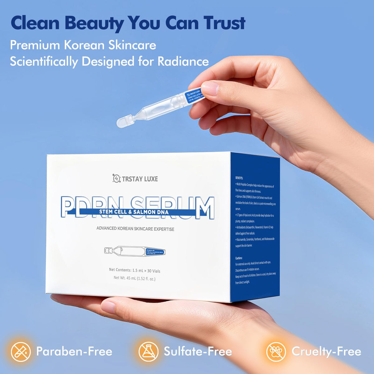 TRSTAY LUXE ingredient focus with hyaluronic and peptides for deep hydration
