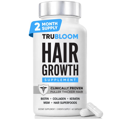 TRU BLOOM front packaging showing bottle and benefits for fuller hair