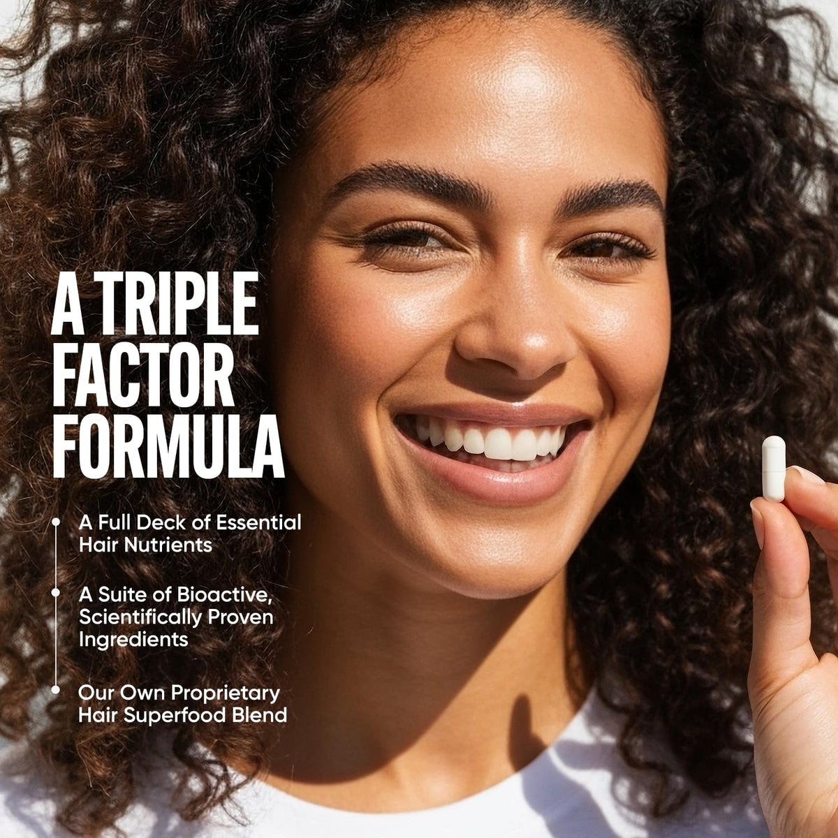 TRU BLOOM lifestyle image with user smiling and showing thicker hair