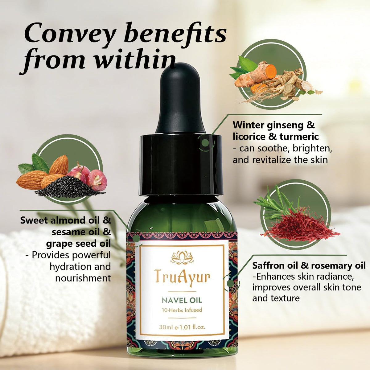 Truayur label close-up highlighting herbal blend information