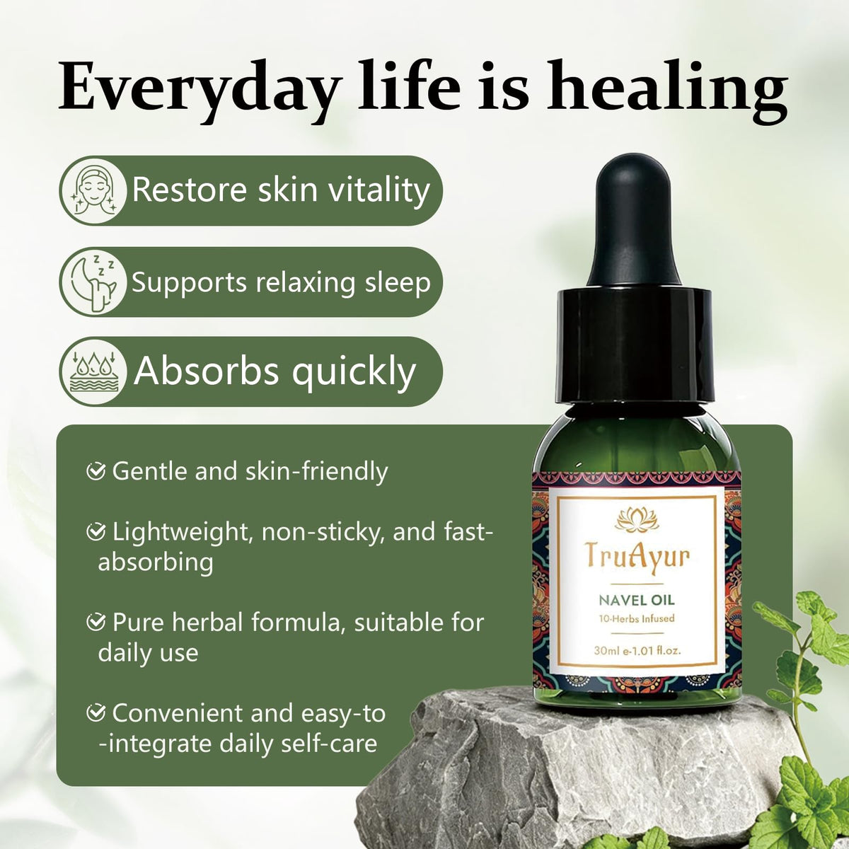 Truayur oil on bedside table illustrating calming night routine benefit