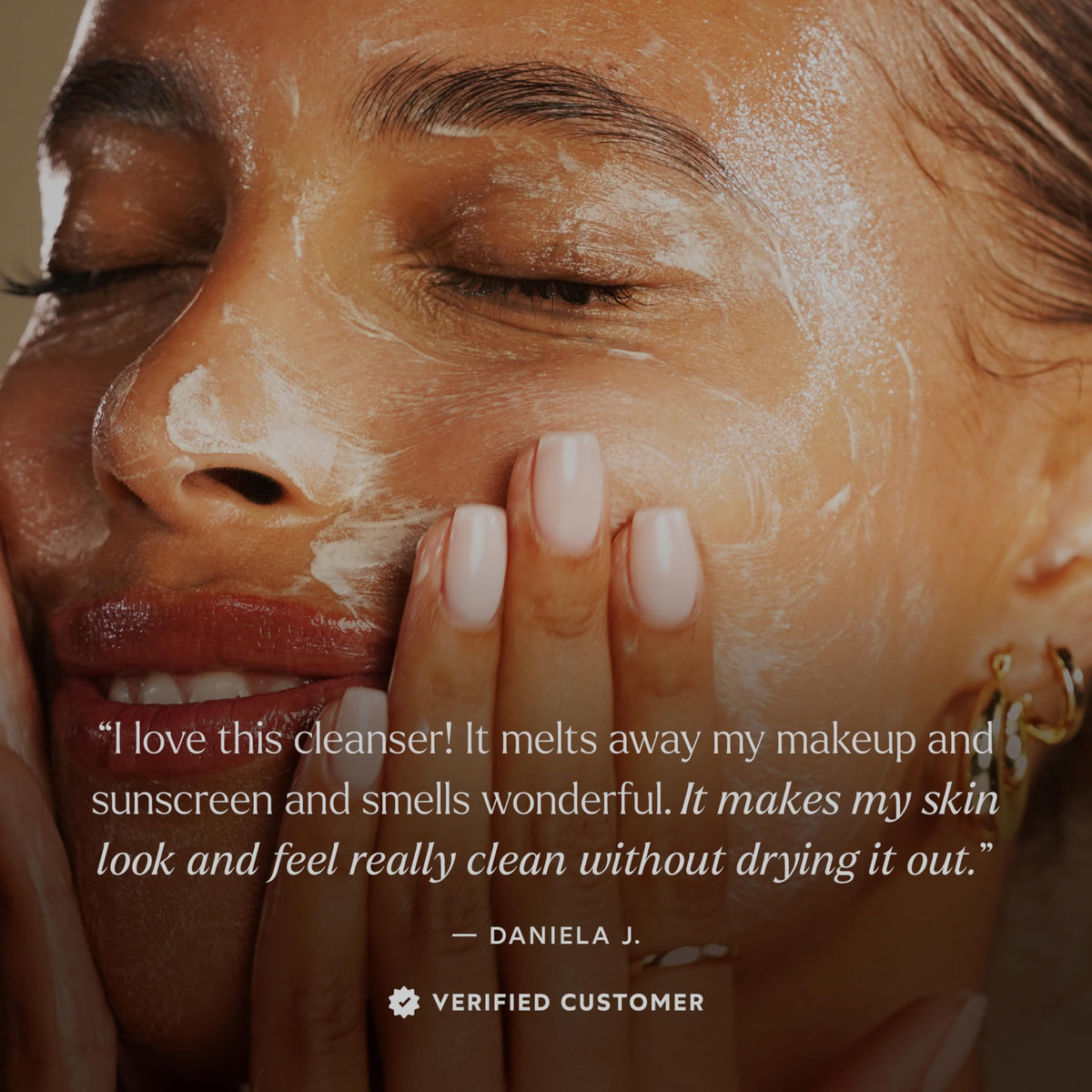 True Botanicals dispensed cream on palm illustrating non-foaming formula and softening benefit