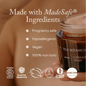True Botanicals label close-up displaying ingredient list and dermatologist-tested note