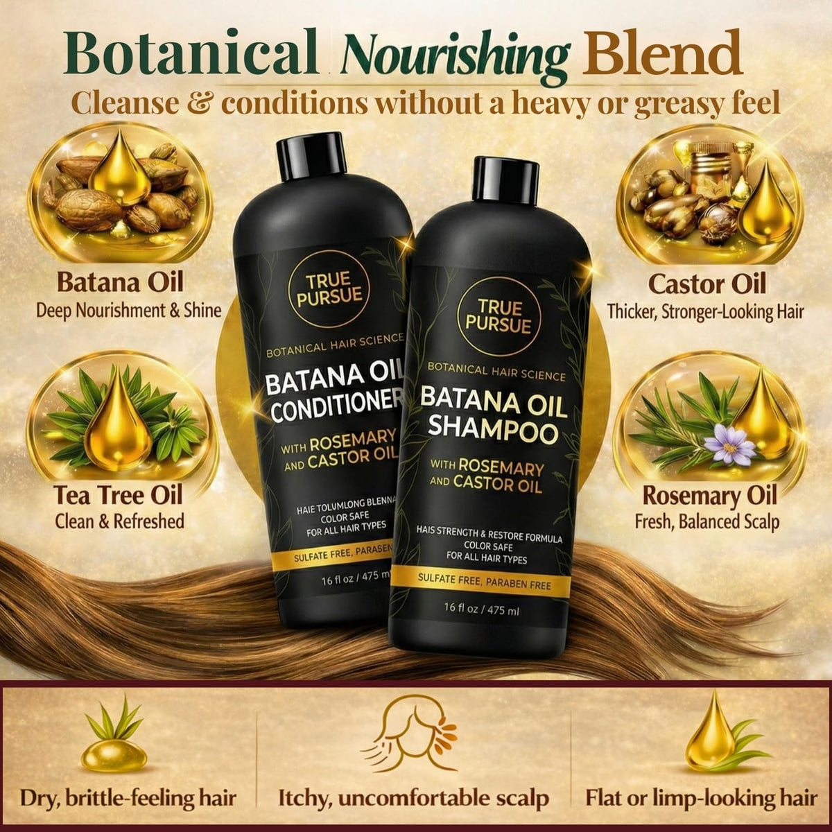 TRUÉ PURSUÉ key ingredients display with batana and castor oils emphasizing nourishment