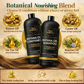 TRUÉ PURSUÉ key ingredients display with batana and castor oils emphasizing nourishment