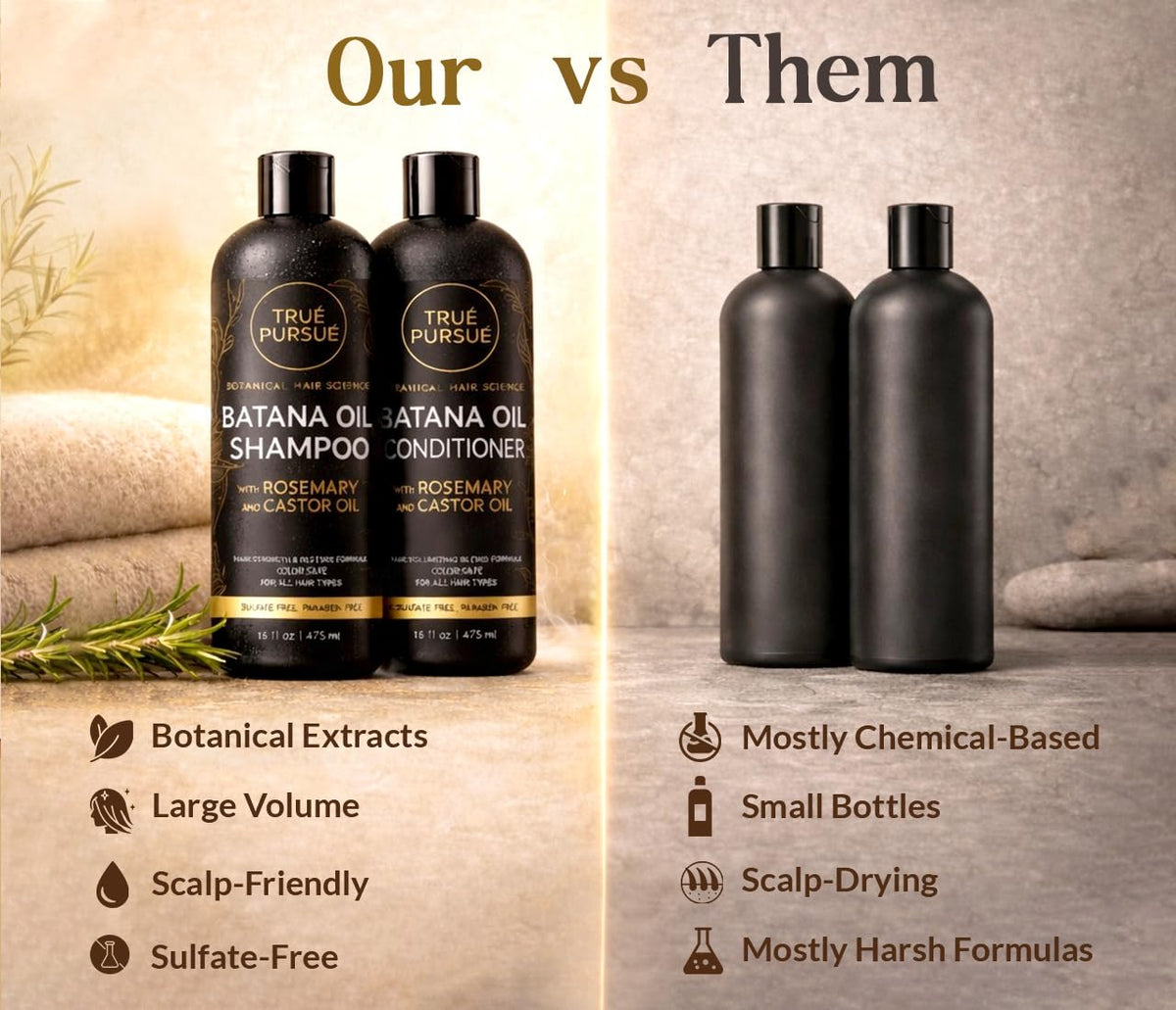 TRUÉ PURSUÉ before-and-after hair texture comparison showing fuller-looking strands