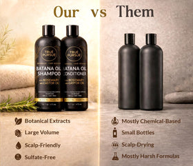 TRUÉ PURSUÉ before-and-after hair texture comparison showing fuller-looking strands