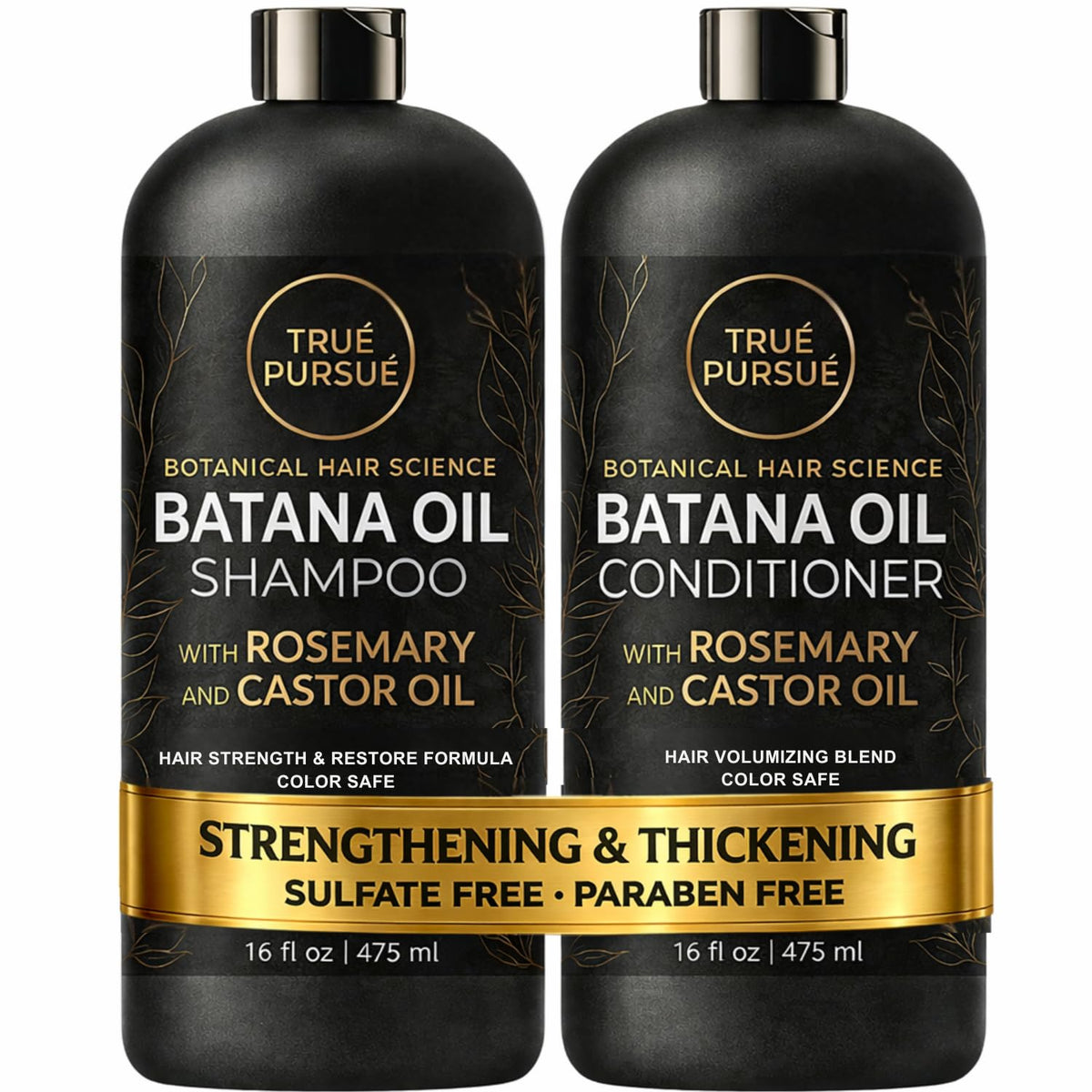 TRUÉ PURSUÉ front packaging of shampoo and conditioner showing clean design and benefits