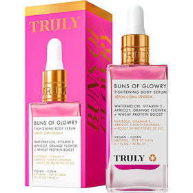 Truly front packaging of Buns Of Glowry serum showing bottle benefit