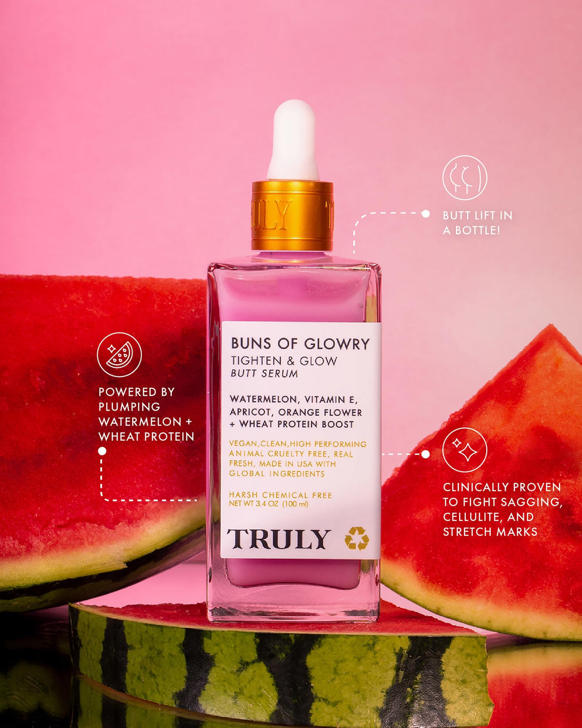 Truly botanical ingredients flatlay with watermelon and apricot benefits