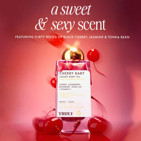 Truly Cherry Baby on décolletage in lifestyle setting for radiant evening look