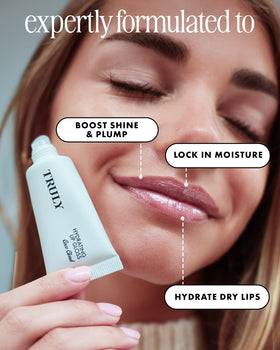 Truly Coco Cloud applied to lips highlighting hydrated, radiant shine and comfort