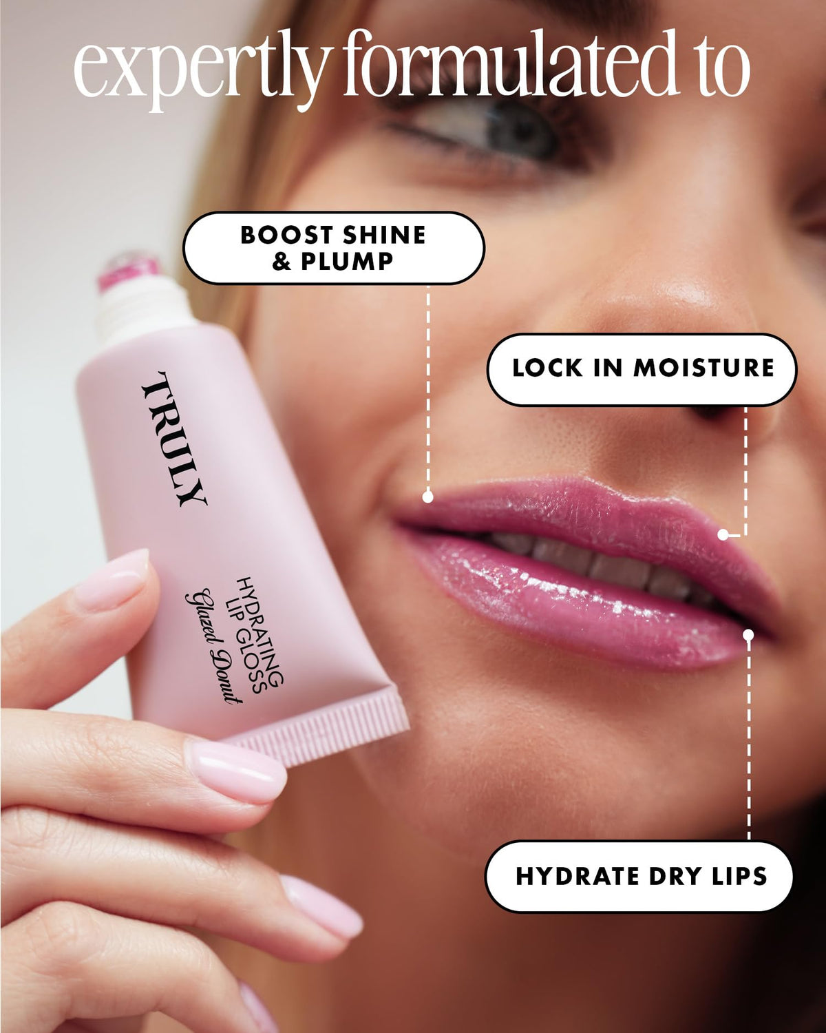 Truly Coco Cloud texture swipe on skin demonstrating glossy, non-sticky finish