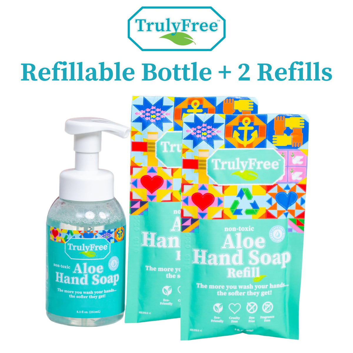 Truly Free pump close-up producing foam for efficient, gentle cleansing