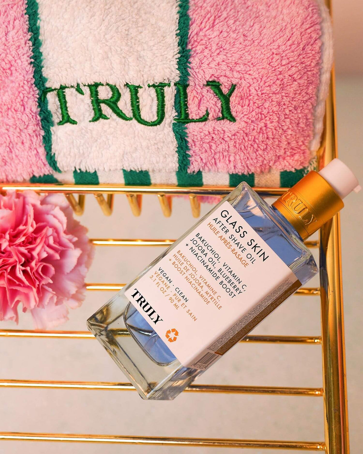 Truly on bathroom counter styled scene suggesting everyday grooming routine benefit