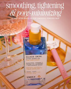 Truly oil pouring into hand to show easy application and quick hydration benefit