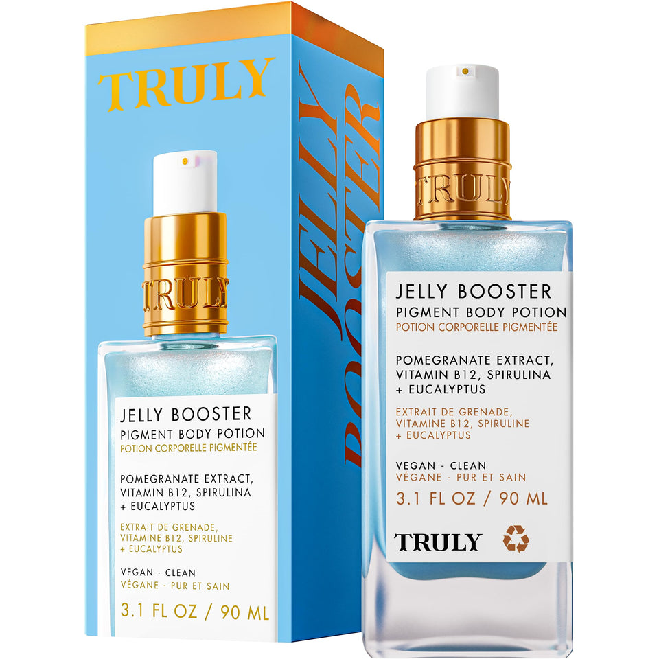 Truly front packaging bottle showing product and benefit of brightening